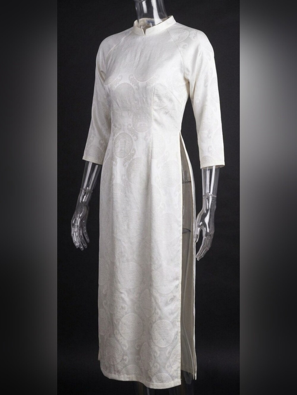 Ao Dai Ivory Satin Brocade Long Dress Side Slit Vietnamise Asian Ceremony Gấm
